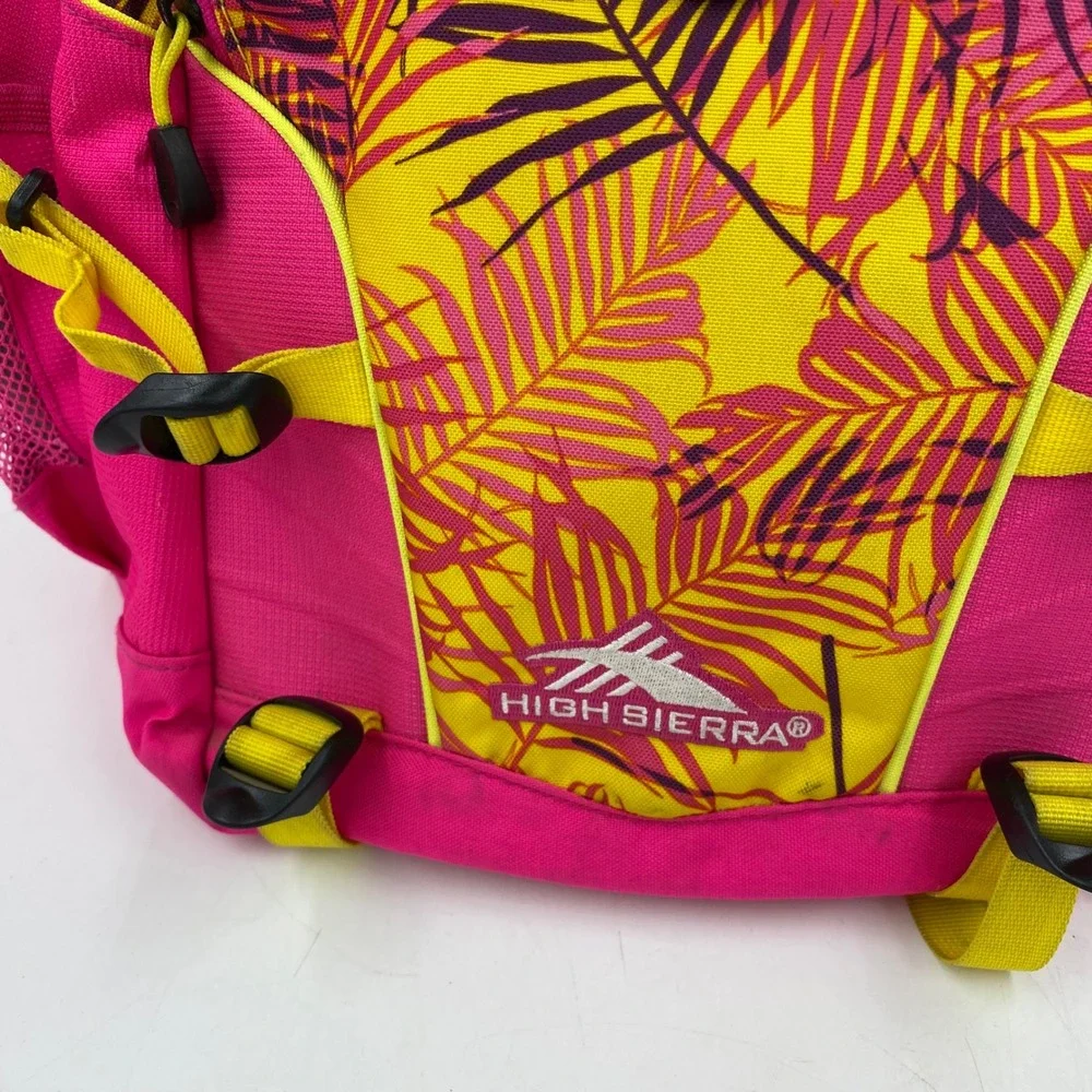 High Sierra Backpack Pink Yellow Tropical Palm Leaf Print Multi-Pocket 18in